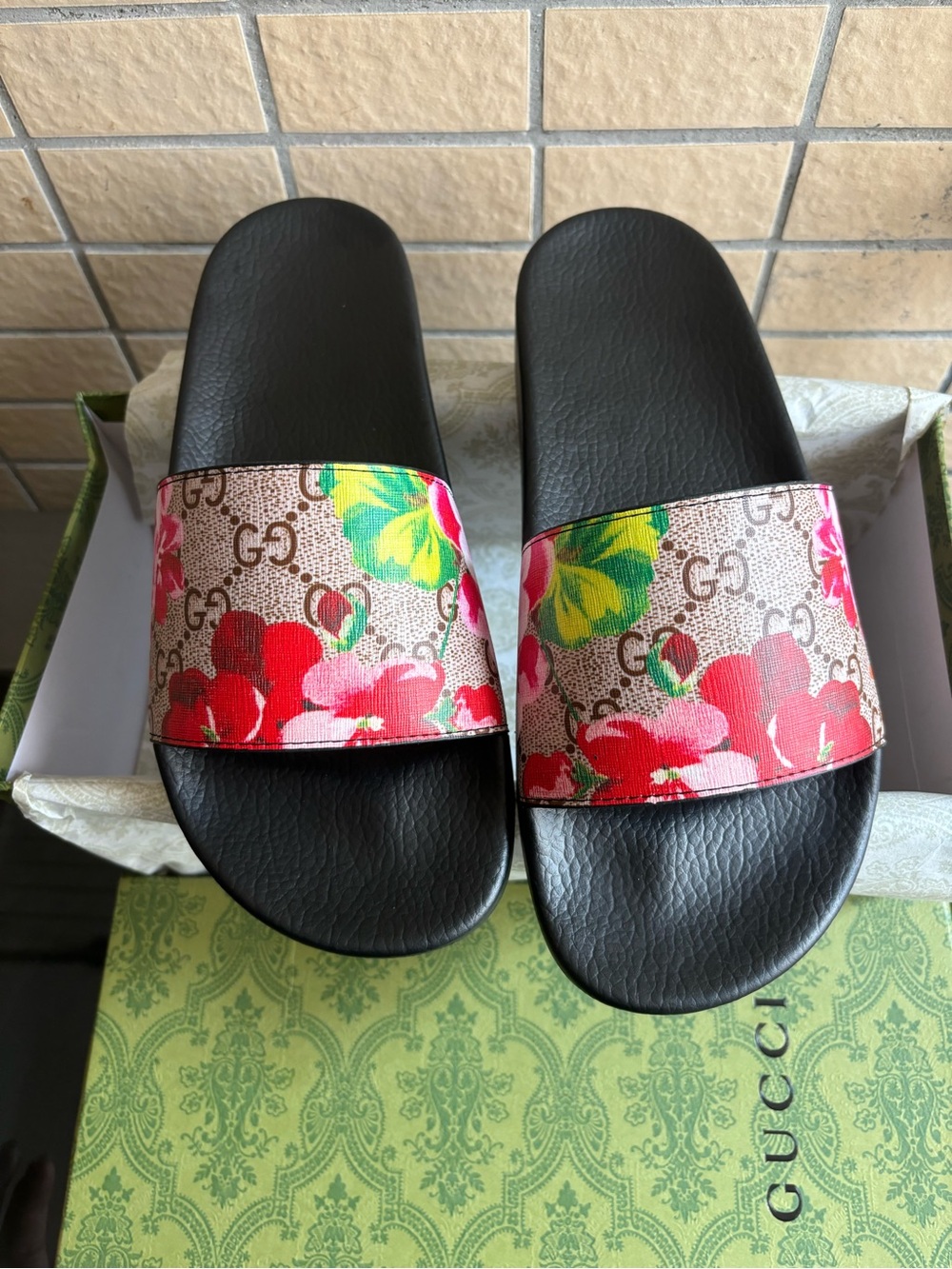 Floral Gucci Monogram Slide Sandals in Black and Red